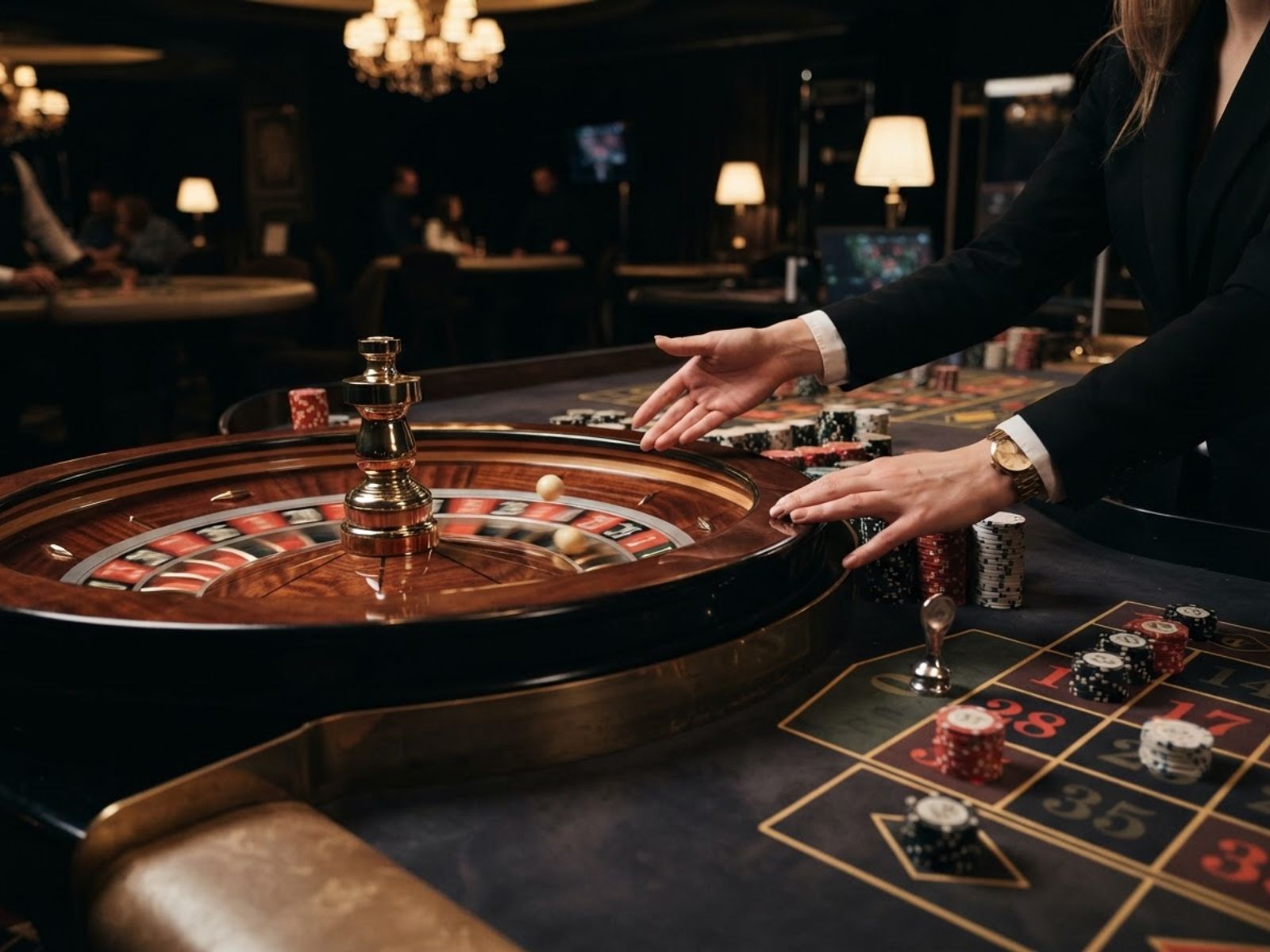 Live roulette wheel in dark casino studio