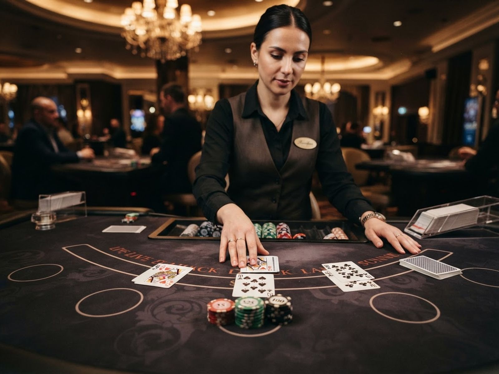 Live blackjack table with cards and dealer chips