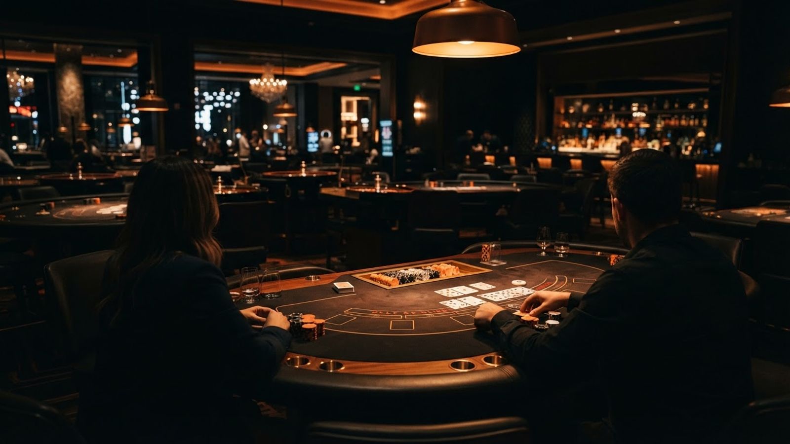 Table de jeu avec cartes et jetons dans une salle sombre
