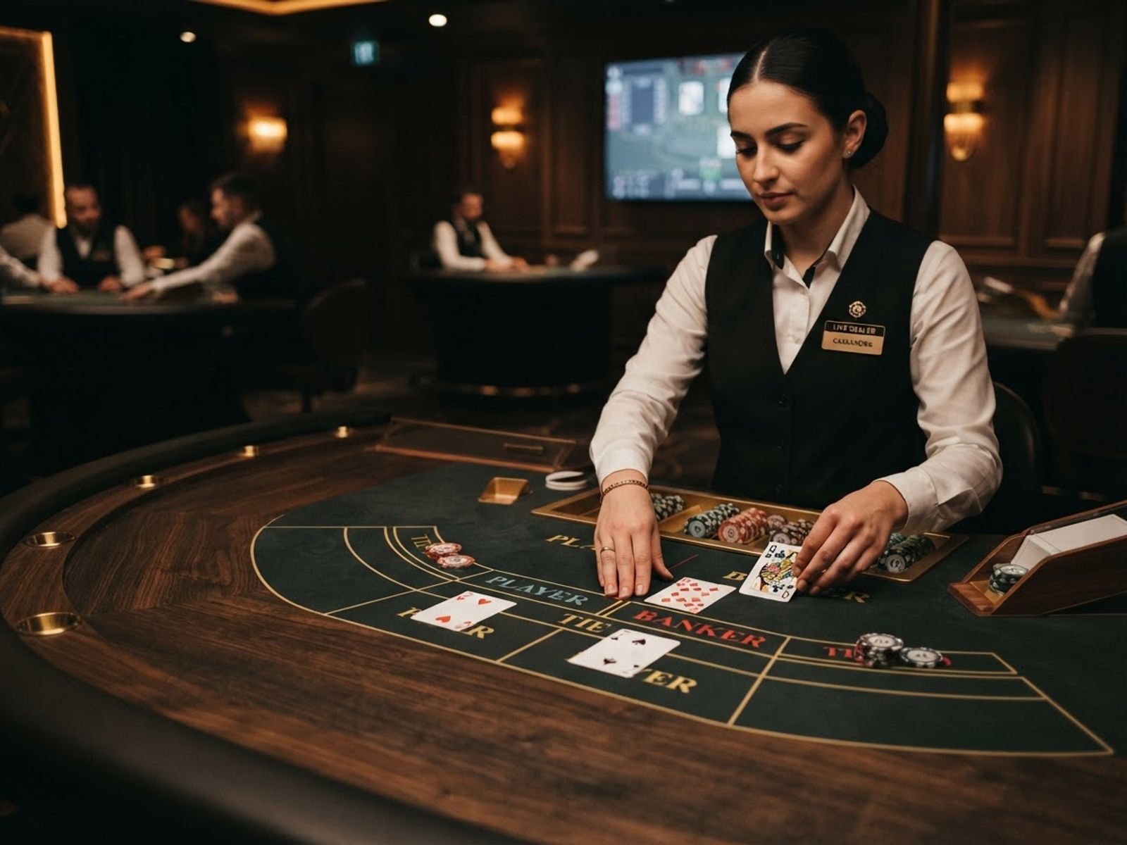 Live baccarat table with cards and dealer