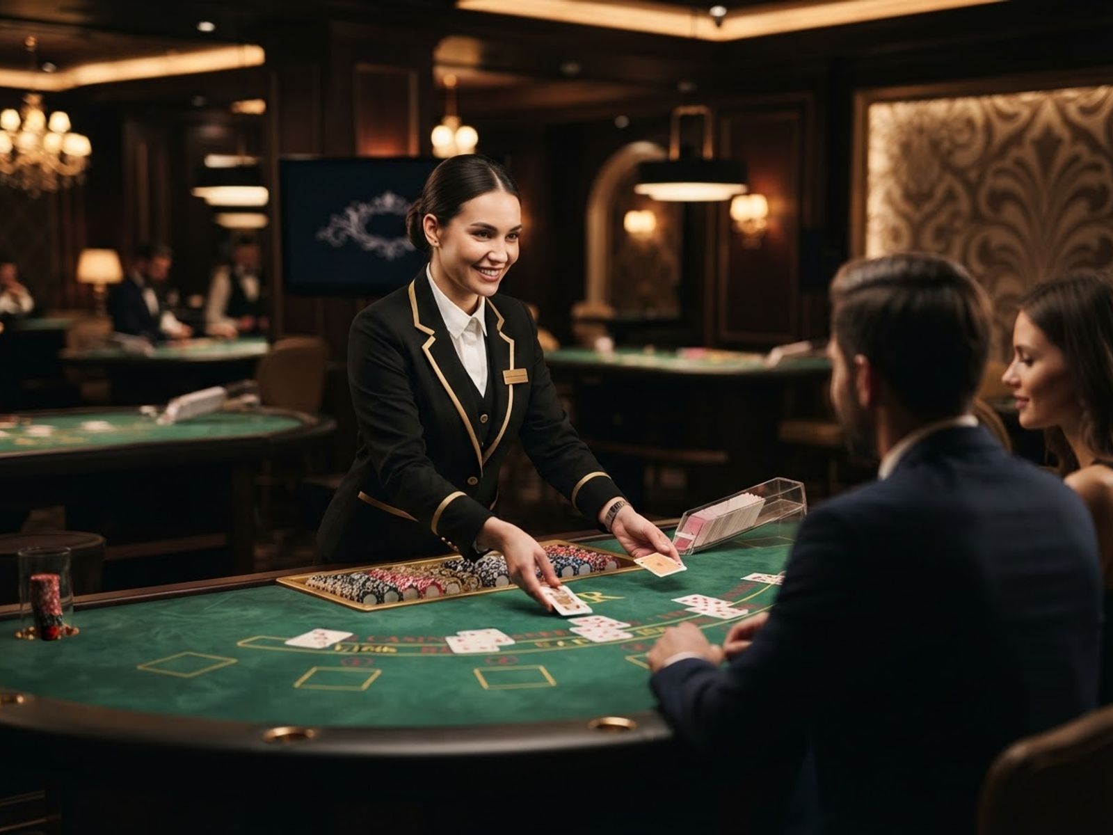 Live table game studio with croupier and chips