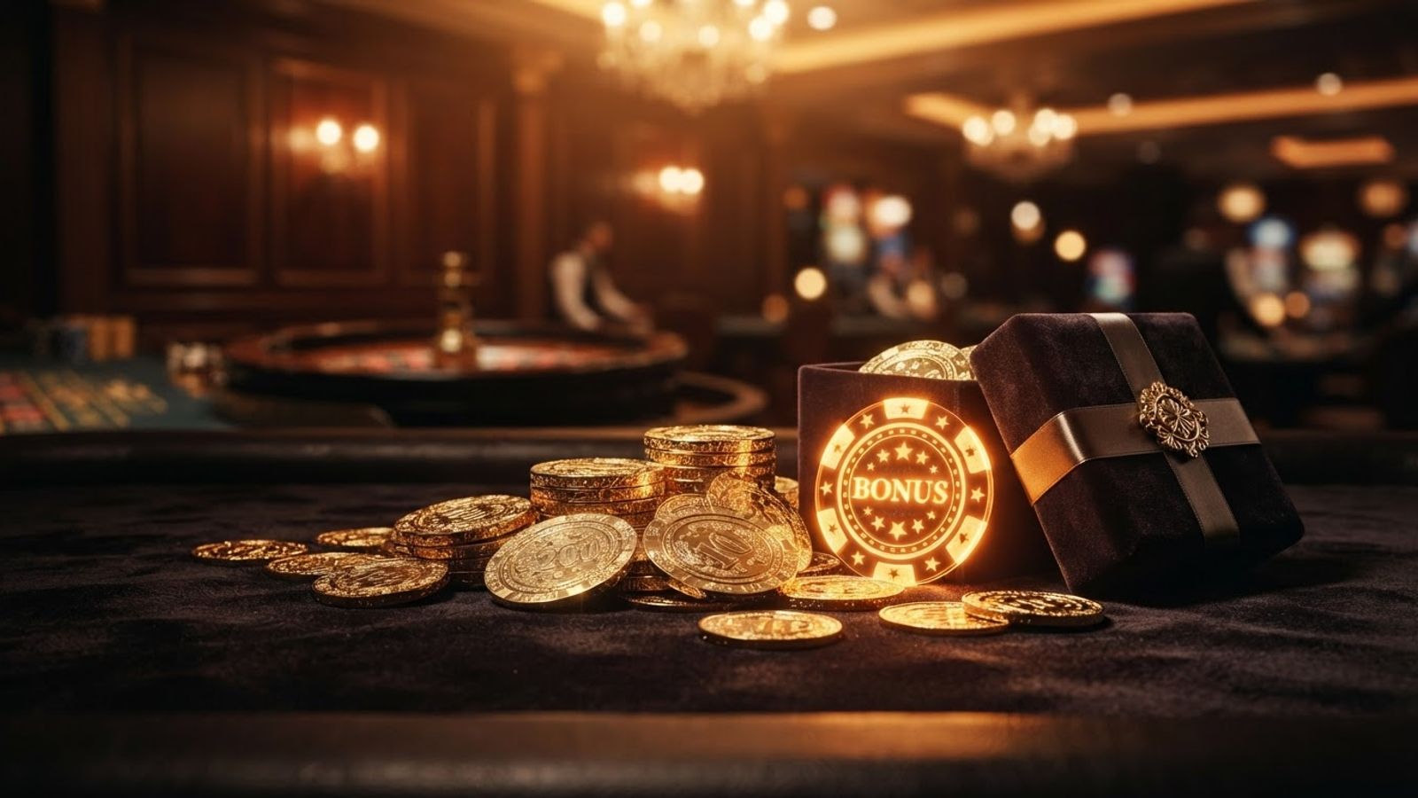 Golden coins and gift box on dark background