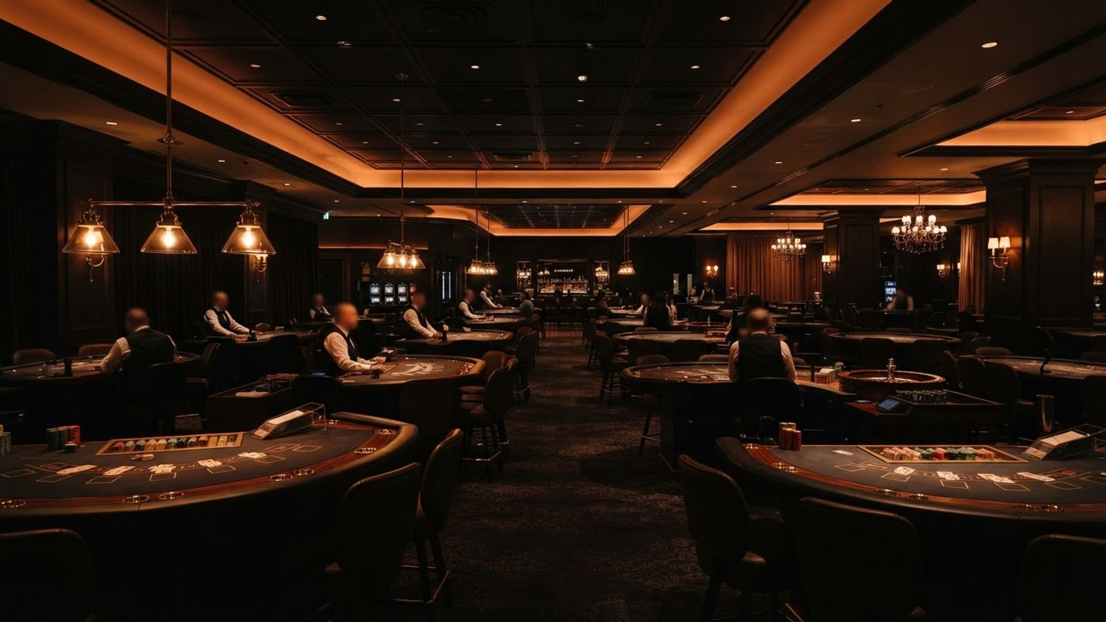 Casino interior with tables under soft warm light